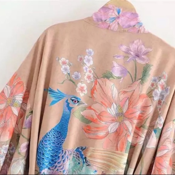 Boho Tan Floral Peacock Kimono Duster Robe Wrap - Picture 13 of 14